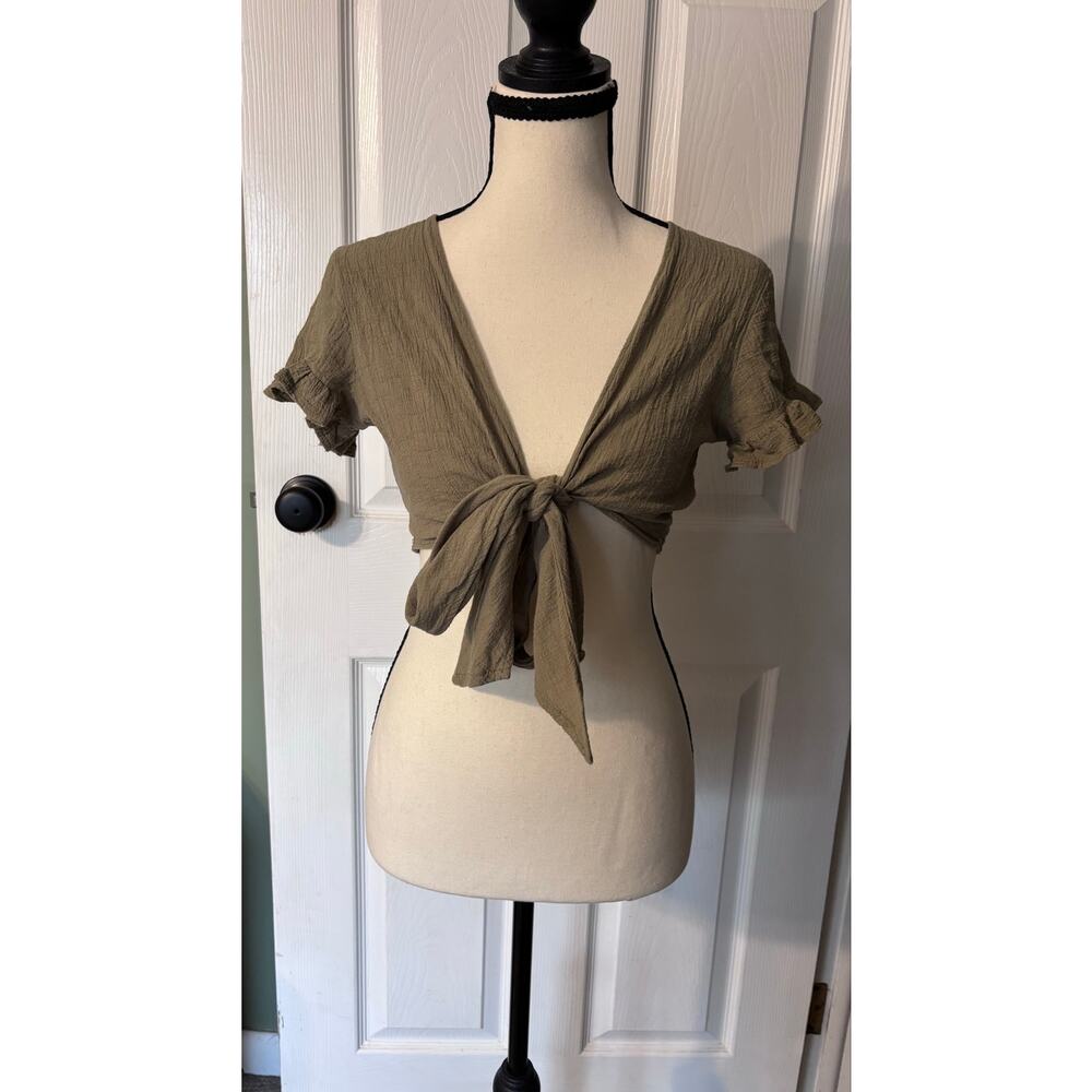 Princess Polly Tie Crop Top Women's Size 2 Olive Green Crinkle Ruffle Sleeves